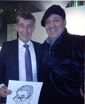 karikatura andrea Babiša na firemnej akcii.