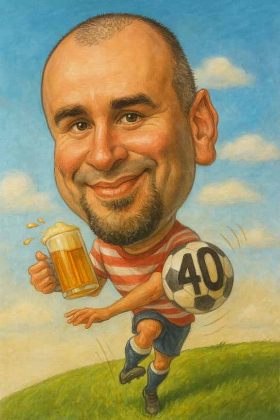 Farebná karikatúra muža k 40. narodeninám, ktorý v športovom drese s číslom 40 kope do futbalovej lopty.
