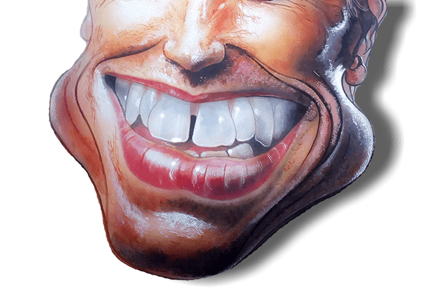 Vtipná farebná karikatúra Arnolda Schwarzeneggera so širokým, žiarivým úsmevom a výraznou sánkou.