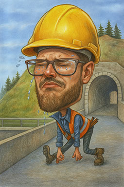 Vtipný darček pre stavbára, farebná karikatúra muža v reflexnej veste a prilbe pred tunelom od Janka.