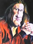 Vtipná karikatúra Gérarda Depardieu so zvýrazneným veľkým nosom, mohutnou postavou a strapatými blond vlasmi.