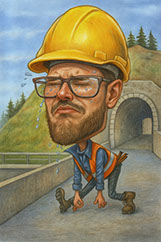 karikatura pána v prilbe pri tunelu.
