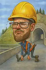 karikatura pána v prilbe pri tunelu.