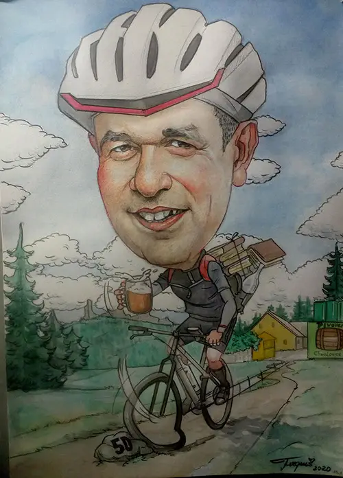 Originálna karikatúra na bicykli s knihami na mieru ako darček pre cyklistu, čitateľa alebo učiteľa