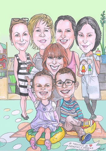 Vtipná karikatúra usmievavých učiteliek v obklopení skupinky veselých detí v školskej triede.