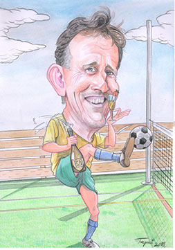 Karikatúra oslávenca v športovom drese, ktorý kope do lopty pri hre nohejbalu.