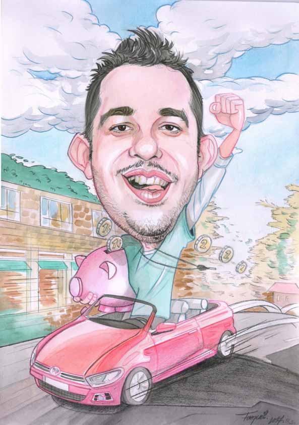 Veselá farebná karikatúra malého chlapca, ktorý sedí v červenom hračkárskom autíčku.