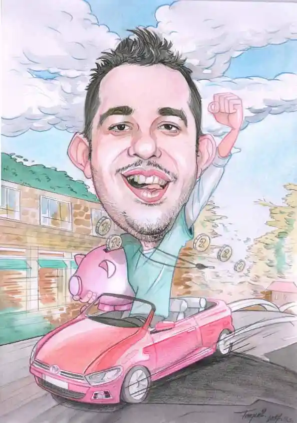 karikatúra pán sedí c červenom autíčku.