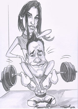 Karikatúra muža v posilňovni, ktorý pri cvičení s činkami.