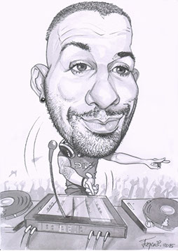 karikatúra chlapca ako DJ-a so slúchadlami na ušiach, ktorý nadšene mixuje hudbu.