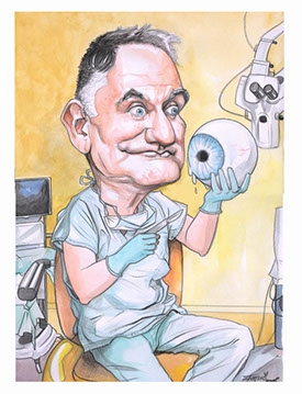 Karikatúra lekára, ktorý vyšetruje pacienta u očného.