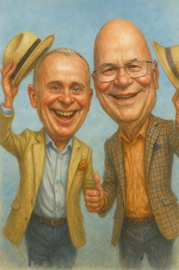 Skupina veselých pánov v dobrej nálade, vtipná spoločná karikatúra od umelca Janka.