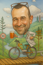 Vtipná karikatúra lekára v bielom plášti, ktorý s vejúcim stetoskopom okolo krku rýchlo pedáluje na bicykli.