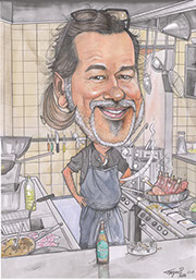 Vtipná karikatúra usmievavého kuchára vo vysokej bielej čiapke, ktorý v ruke drží veľkú varechu.