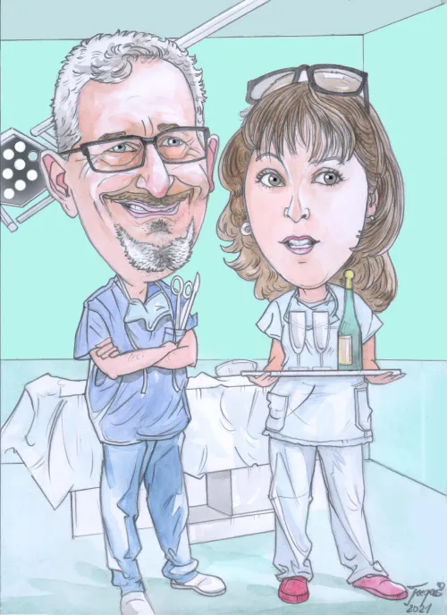Originálna zdravotnícka karikatúra doktora so sestričkou na mieru ako darček pre lekára alebo do ambulancie