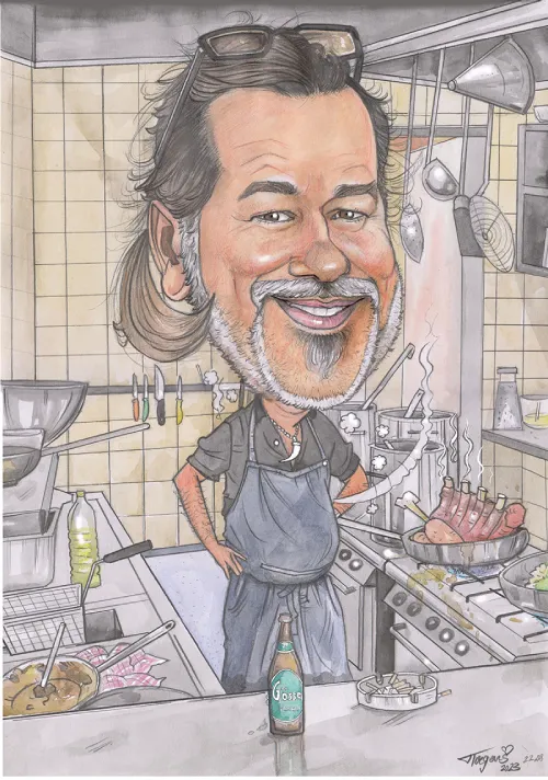 Originálna karikatúra kuchára s cigaretou na mieru ako vtipný darček pre šéfkuchára alebo gastronóma