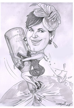 Karikatúra usmiatej oslávenkyne, ktorá sedí obkročmo na obrovskej fľaši sektu ako na rakete.