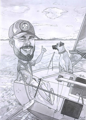 Karikatúra pána za kormidlom jachty na šírom mori, vedľa ktorého hrdo sedí jeho pes s kapitánskou čiapkou