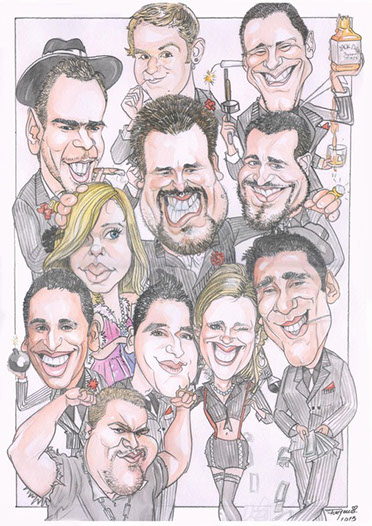 Detailná farebná karikatúra skupiny desiatich ľudí nakreslená na objednávku.