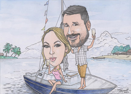 karikatúra pár na jachtě.