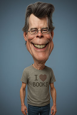 Vtipná karikatúra Stephena Kinga s jeho typickými veľkými okuliarmi, strapatými šedivými vlasmi a mierne zlovestným úsmevom.