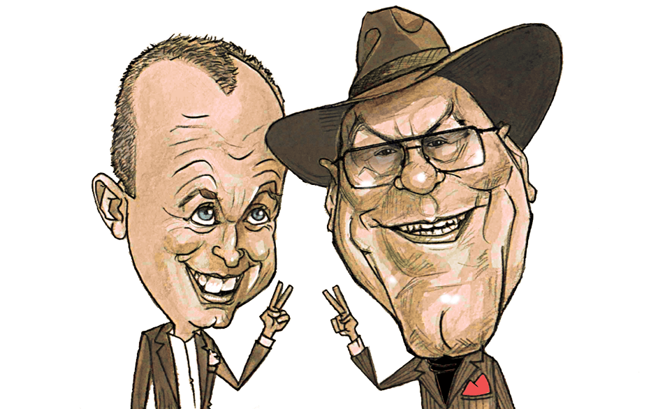 Umelecká karikatúra dvoch pánov, jeden z nich má štýlový klobúk, kreslené naživo na akci