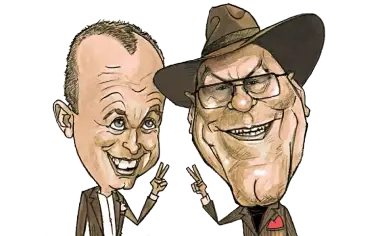 Umelecká karikatúra dvoch pánov, jeden z nich má štýlový klobúk, kreslené naživo na akci