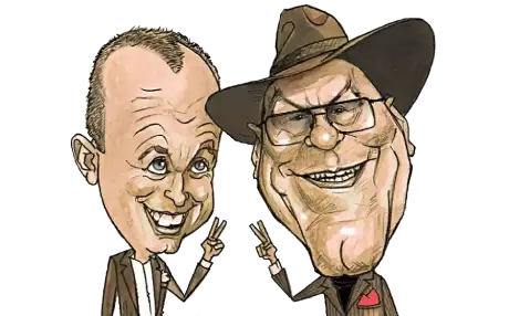 Umelecká karikatúra dvoch pánov, jeden z nich má štýlový klobúk, kreslené naživo na akci