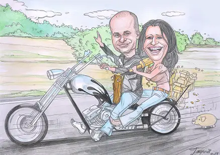 Originálna karikatúra páru na motorke s motívom práce s drevom na mieru ako darček pre stolára a motorkárov