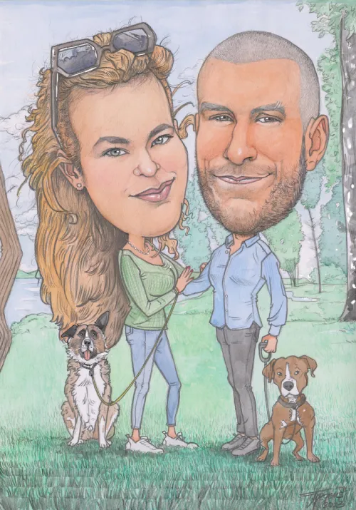 Farebná svadobná karikatúra zamilovaného páru snúbencov so psom