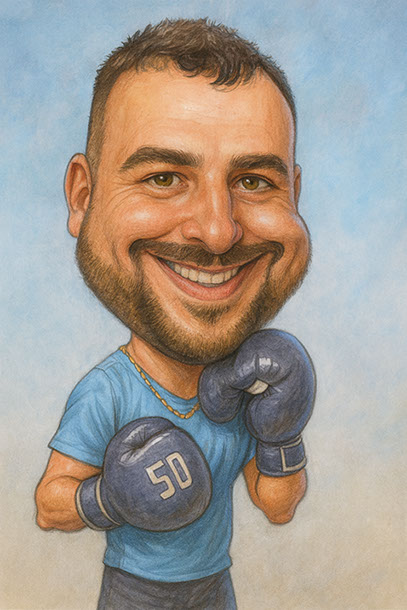 Farebná karikatúra boxera podľa fotky – originálny darček pre športovca so slovenským nápisom.