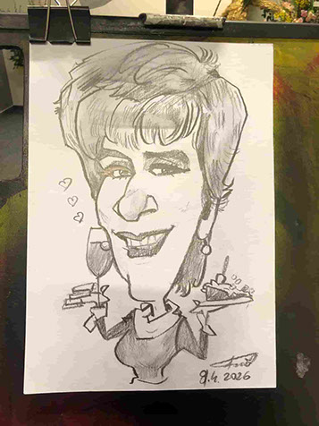 Personifikovaná karikatúra ženy na oslave – v rukách drží pohár sektu a chutný dezert.