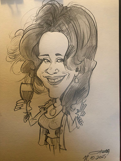 Karikatúra ženy od karikaturistu Janka nakreslená na evente v Košiciach ako pamiatka pre hostí.