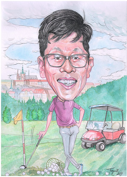 karikatúrista kreslí na svadbe pana jak hraje golf.